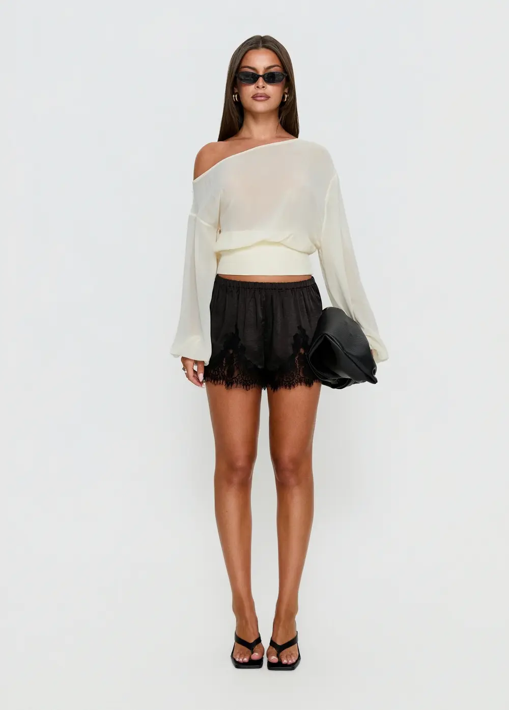 Parisse Satin Lace Trim Shorts Black