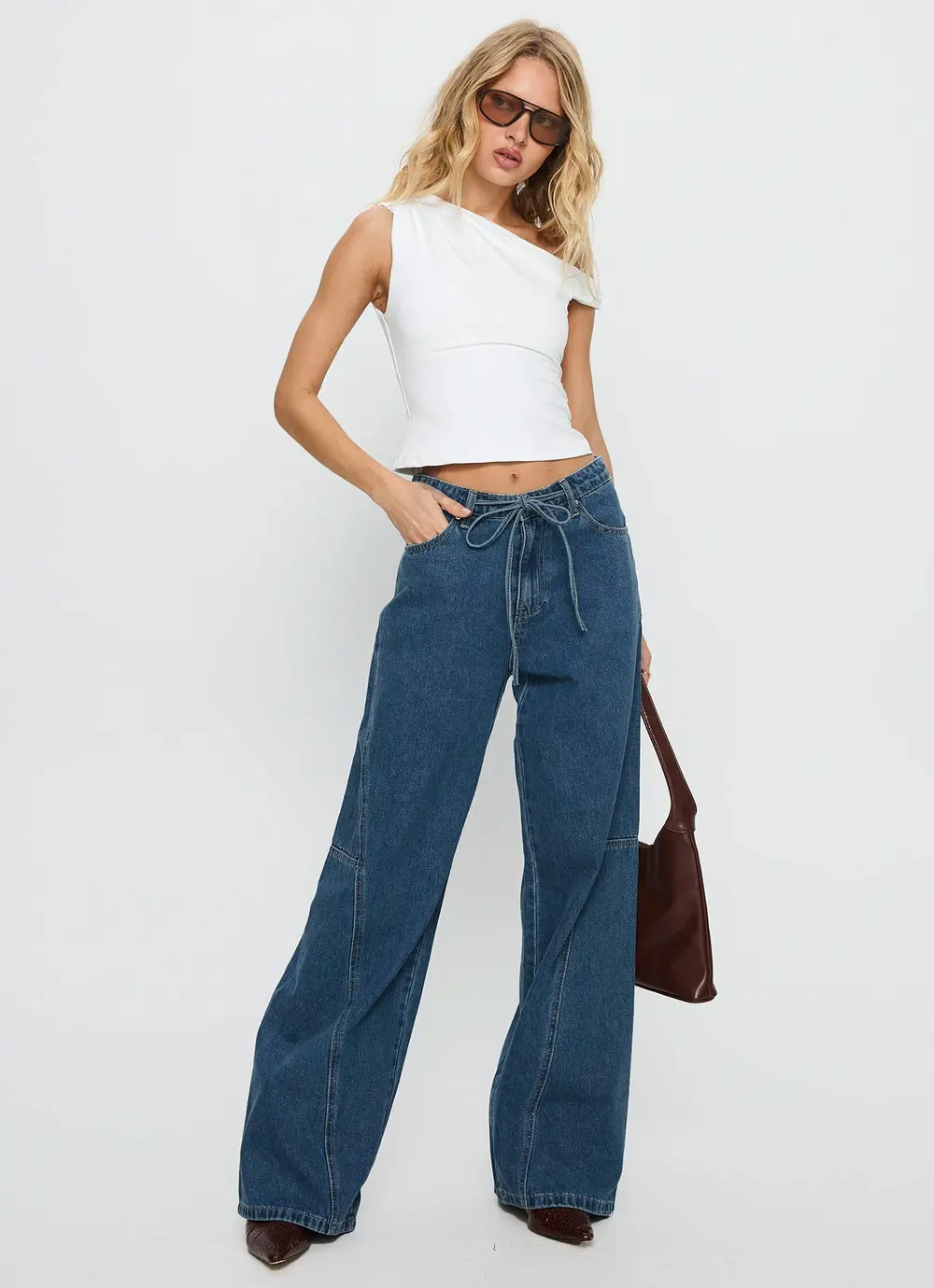 Bruiser Tie Waist Mid Rise Wide Leg Jeans Mid Blue Wash