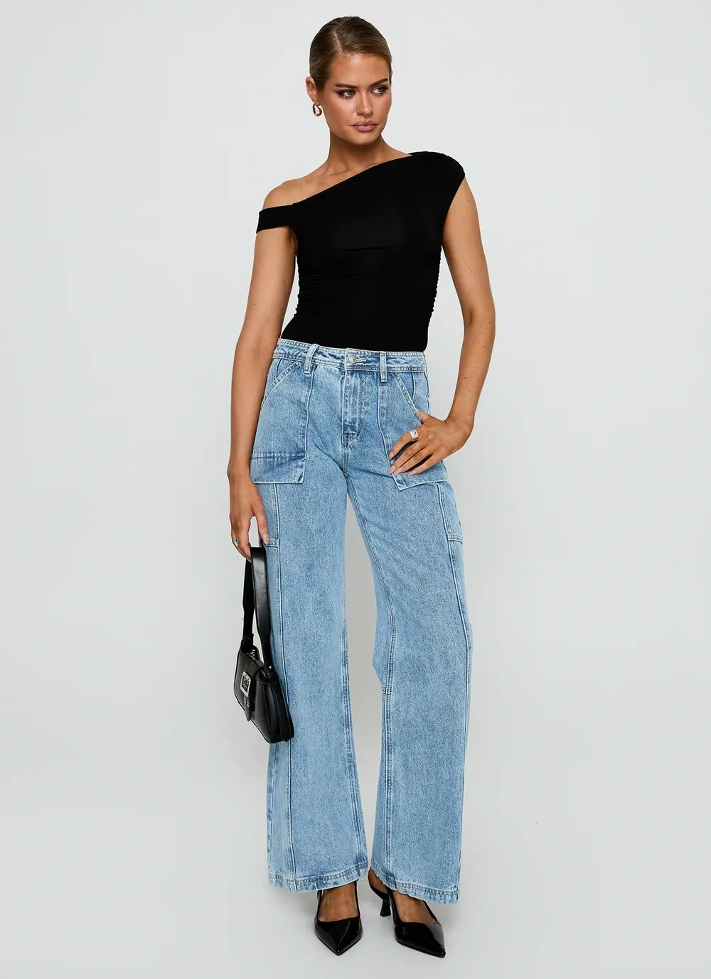 Chad Cargo High Rise Wide Leg Jeans Mid Wash