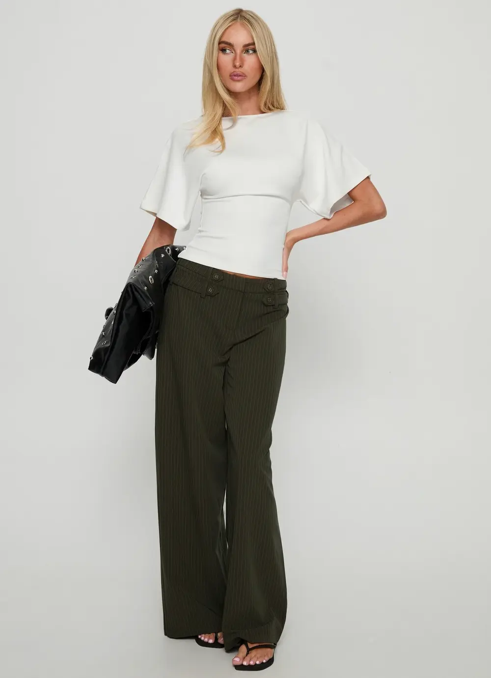 Jette Tailored Buckle Pant Green Pinstripe