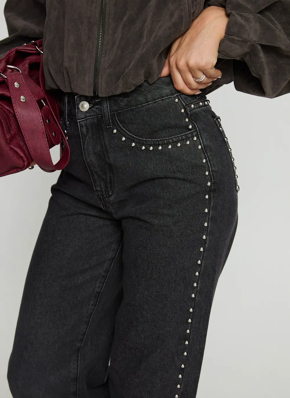 Saving Up Mid Rise Straight Leg Studded Jeans Jet Black