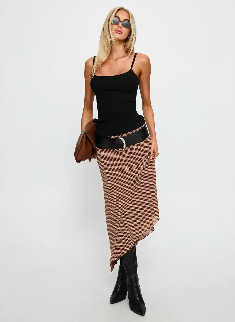 Suella Asymmetrical Midi Skirt Brown Polka Dot