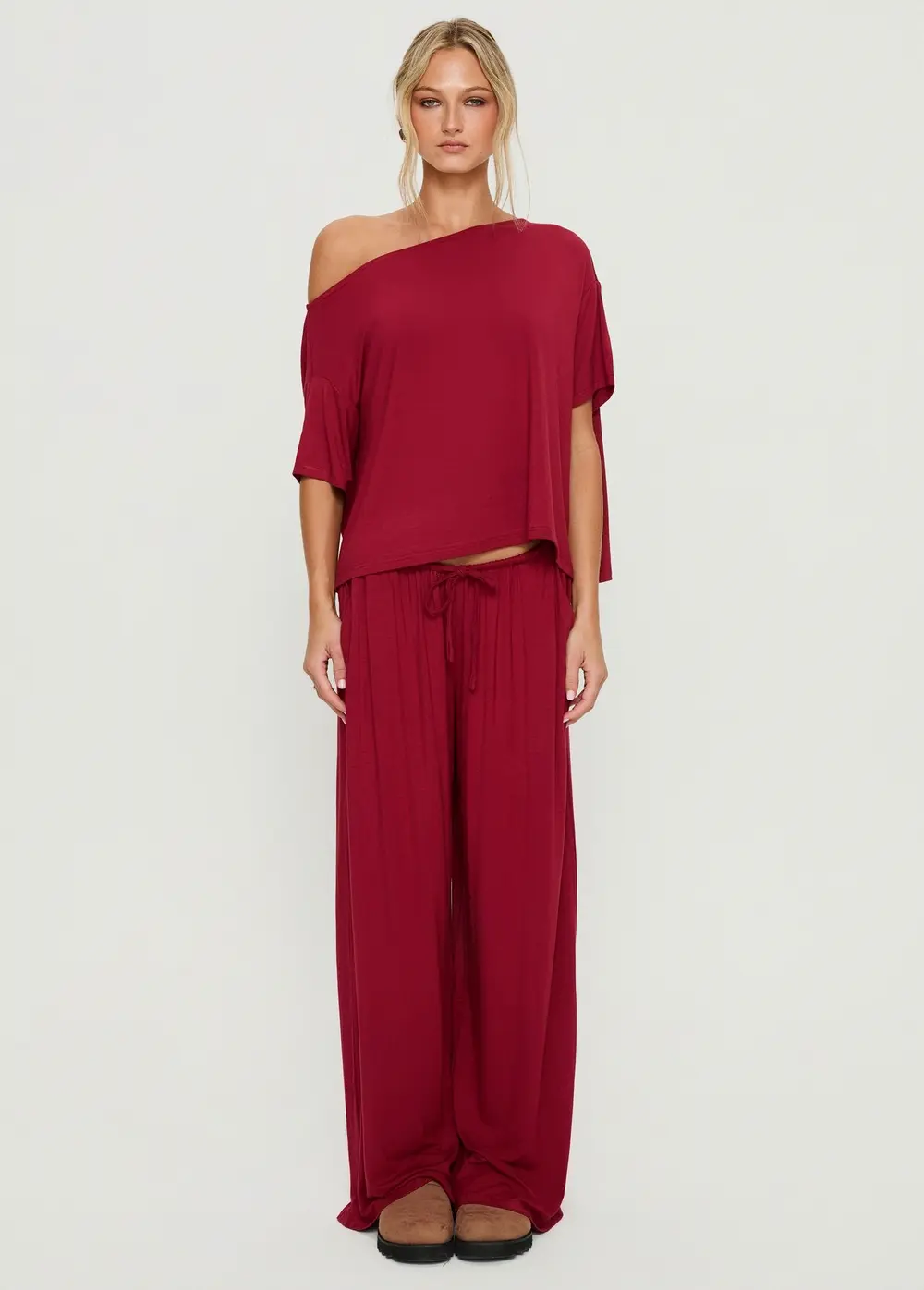 Cozy Hour Sleep Relaxed Off Shoulder Top Red