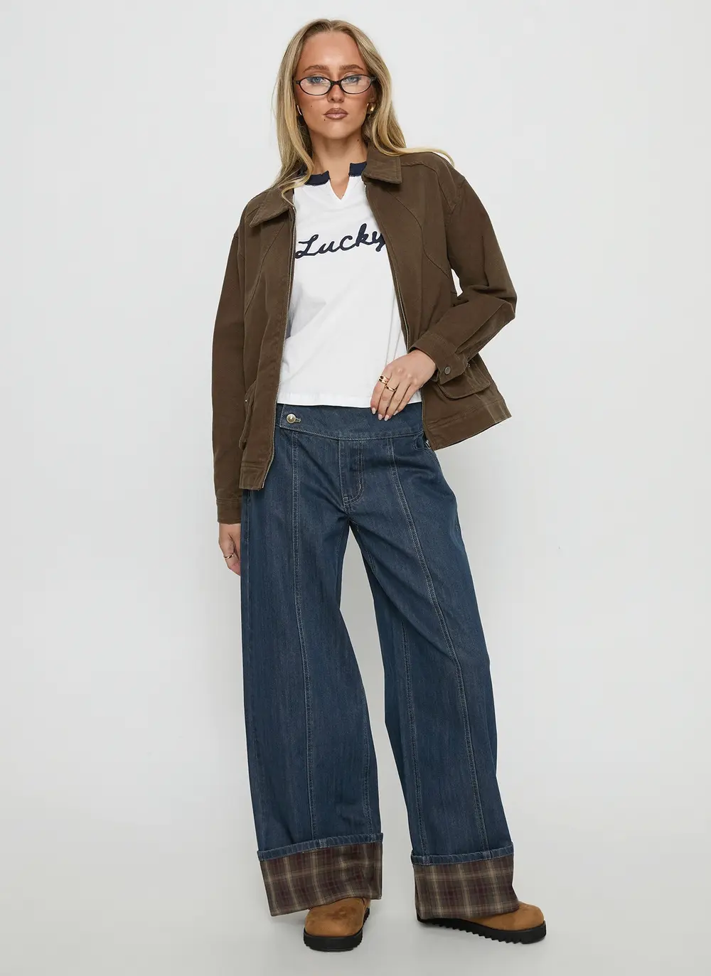 Nikoletta Foldover Jeans Dark Wash / Check