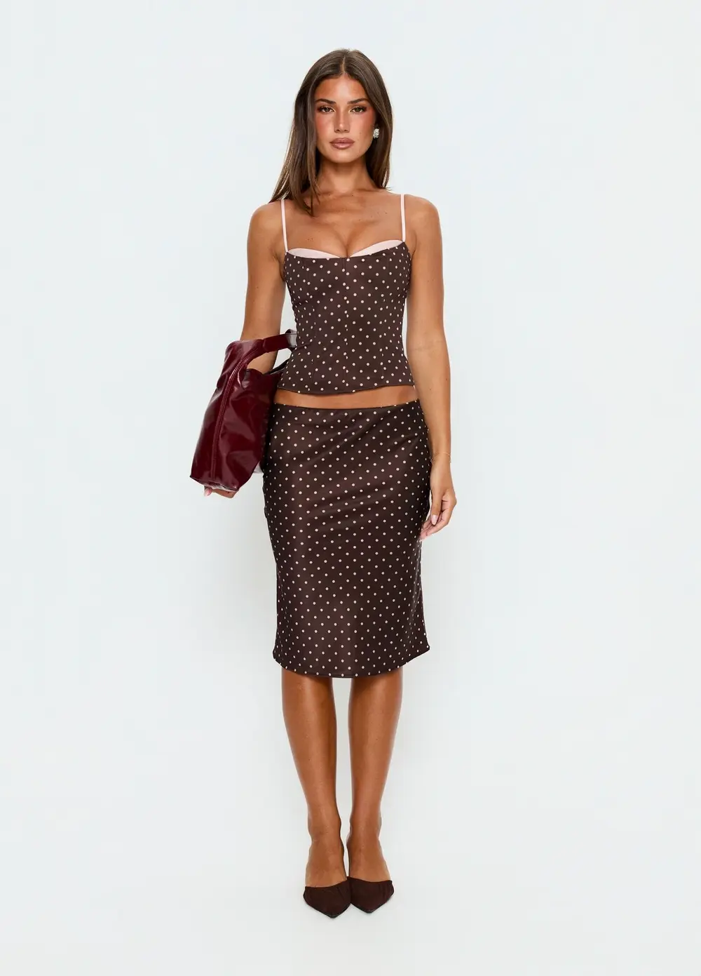 Somani Satin Midi Skirt Brown / Pink Polka Dot