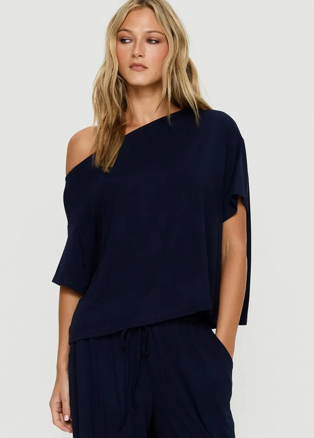 Cozy Hour Sleep Relaxed Off Shoulder Top Navy