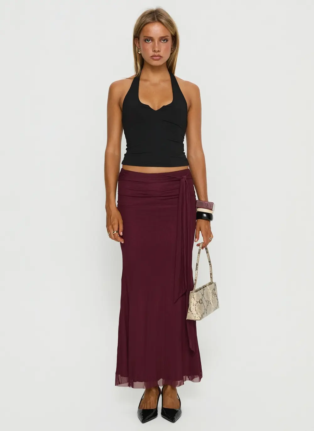 Caviar Tie Maxi Skirt Currant