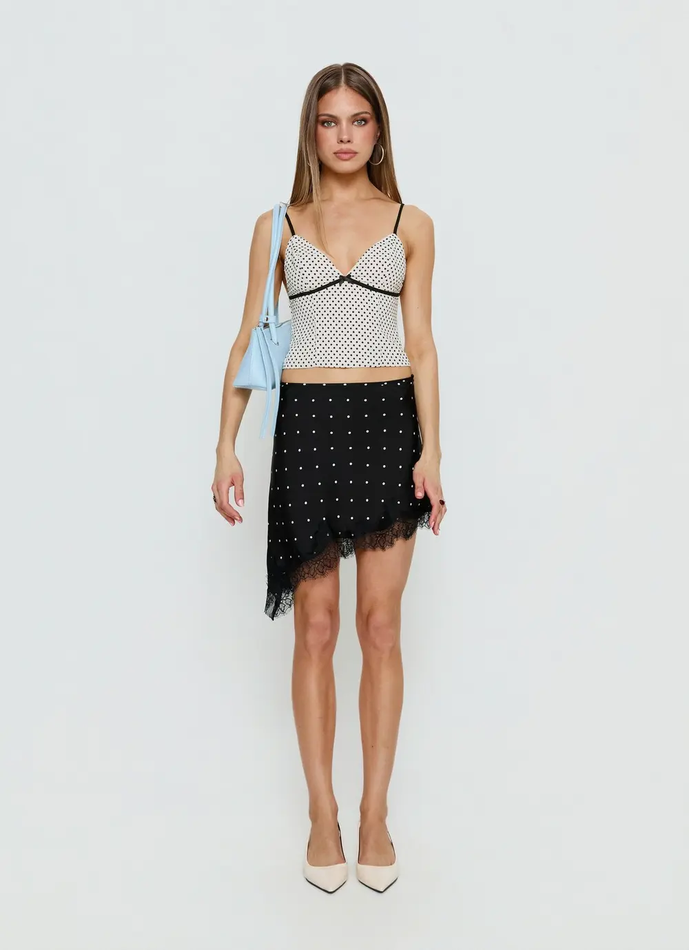 Idette Lace Asymmetrical Mini Skirt Black Polka Dot