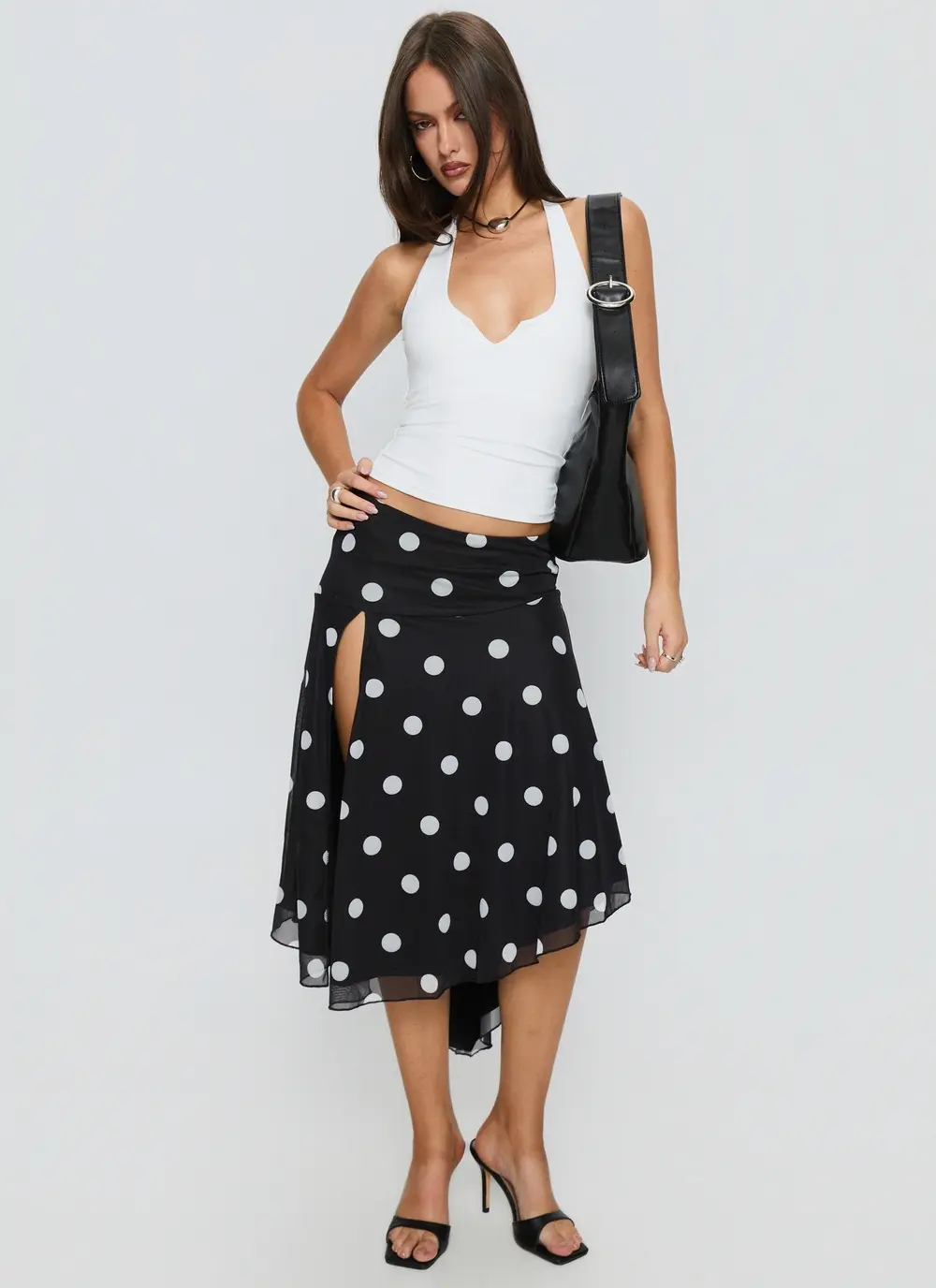 Dulciana High Split Asymmetrical Midi Skirt Black / Polka Dot