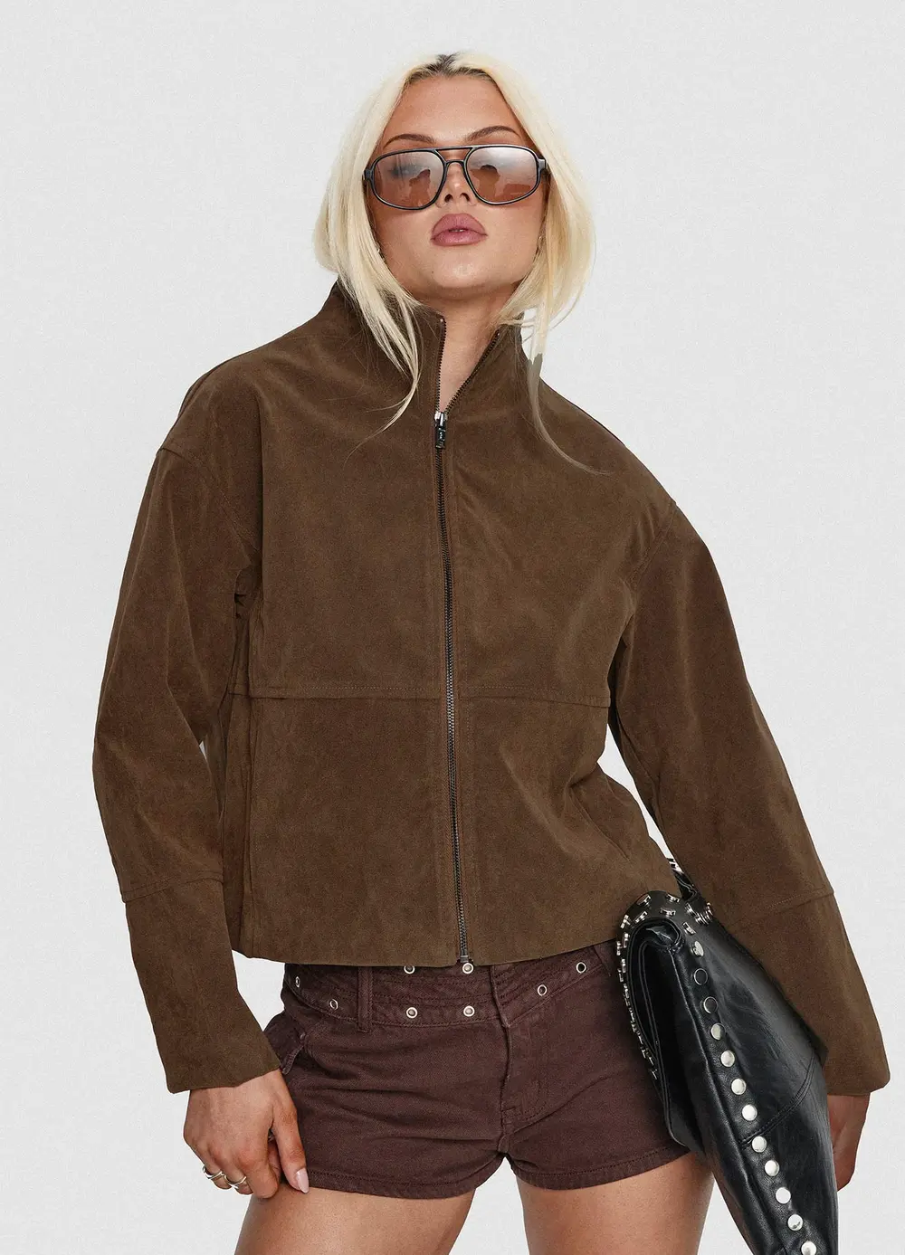 Jessalynn Faux Suede Zip Through Jacket Brown