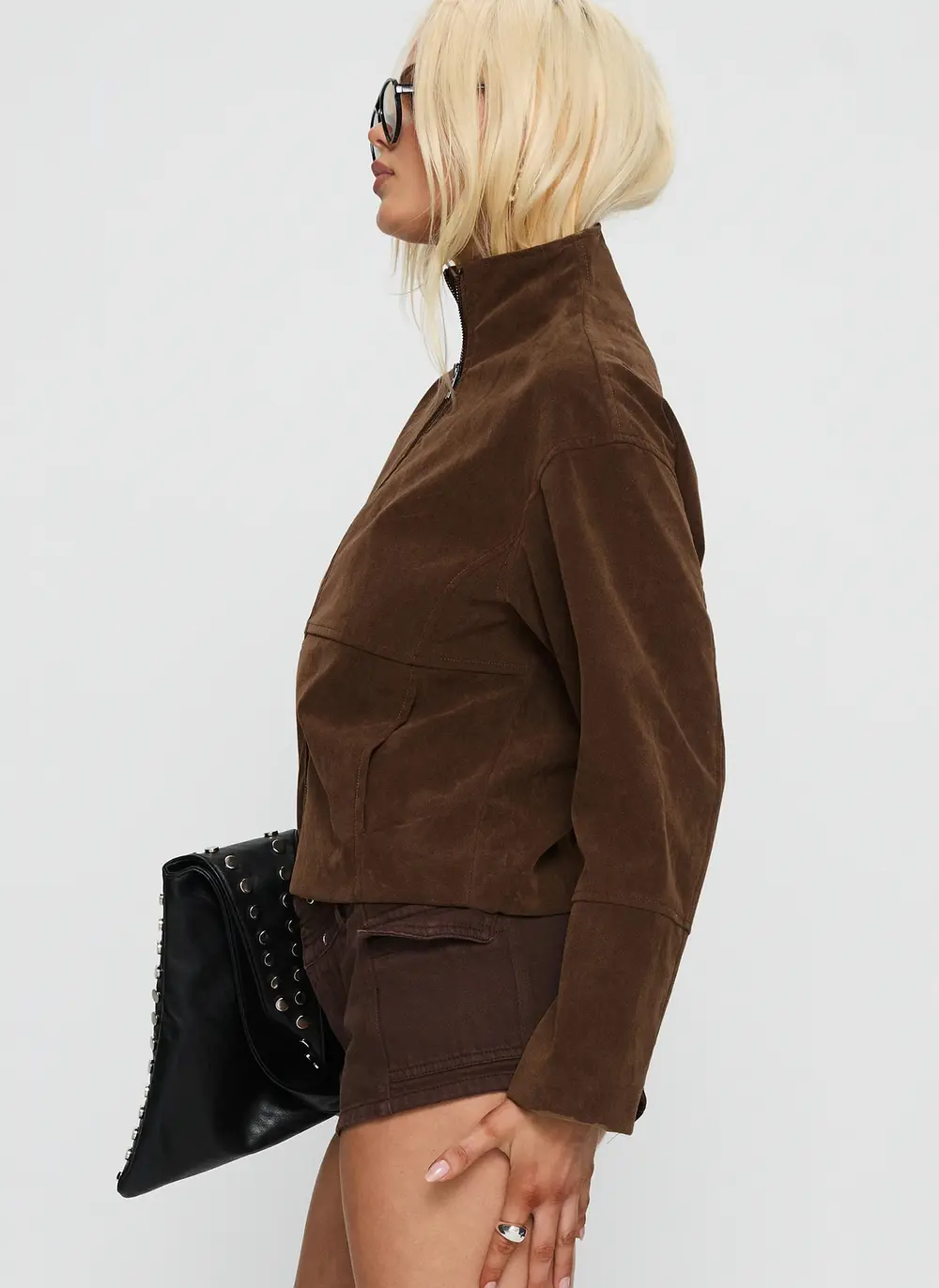 Jessalynn Faux Suede Zip Through Jacket Brown