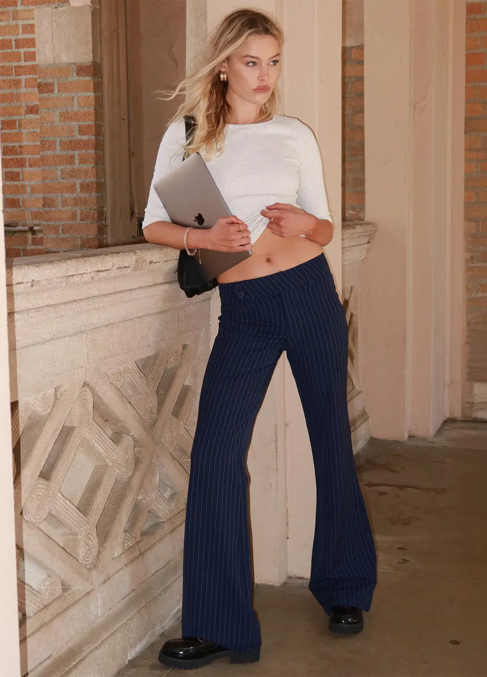 Kinkirk Flared Pants Navy Pinstripe