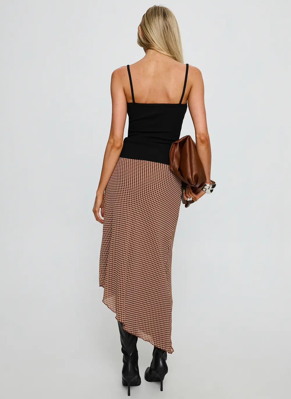 Suella Asymmetrical Midi Skirt Brown Polka Dot