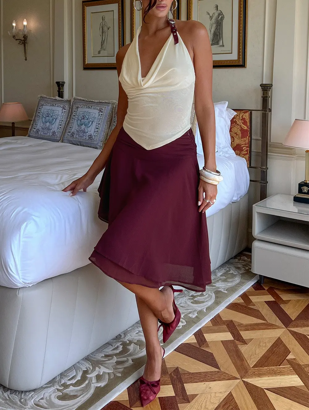 Evanescence Asymmetrical Midi Skirt Cherry