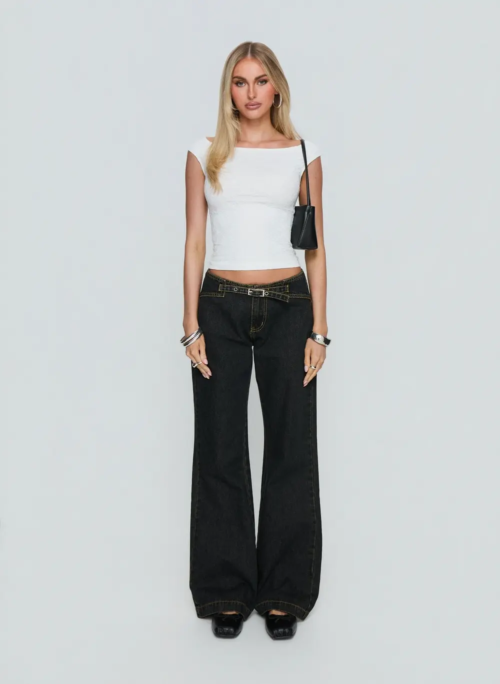 Slow Ride Mid Rise Bootleg Belted Jeans Grunge Wash