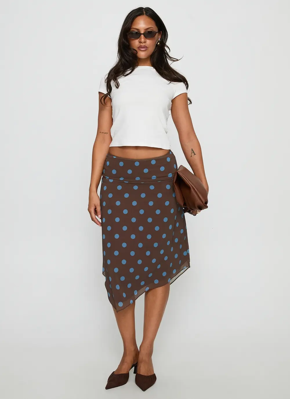 Daphene Asymmetrical Midi Skirt Brown / Blue Polka Dot