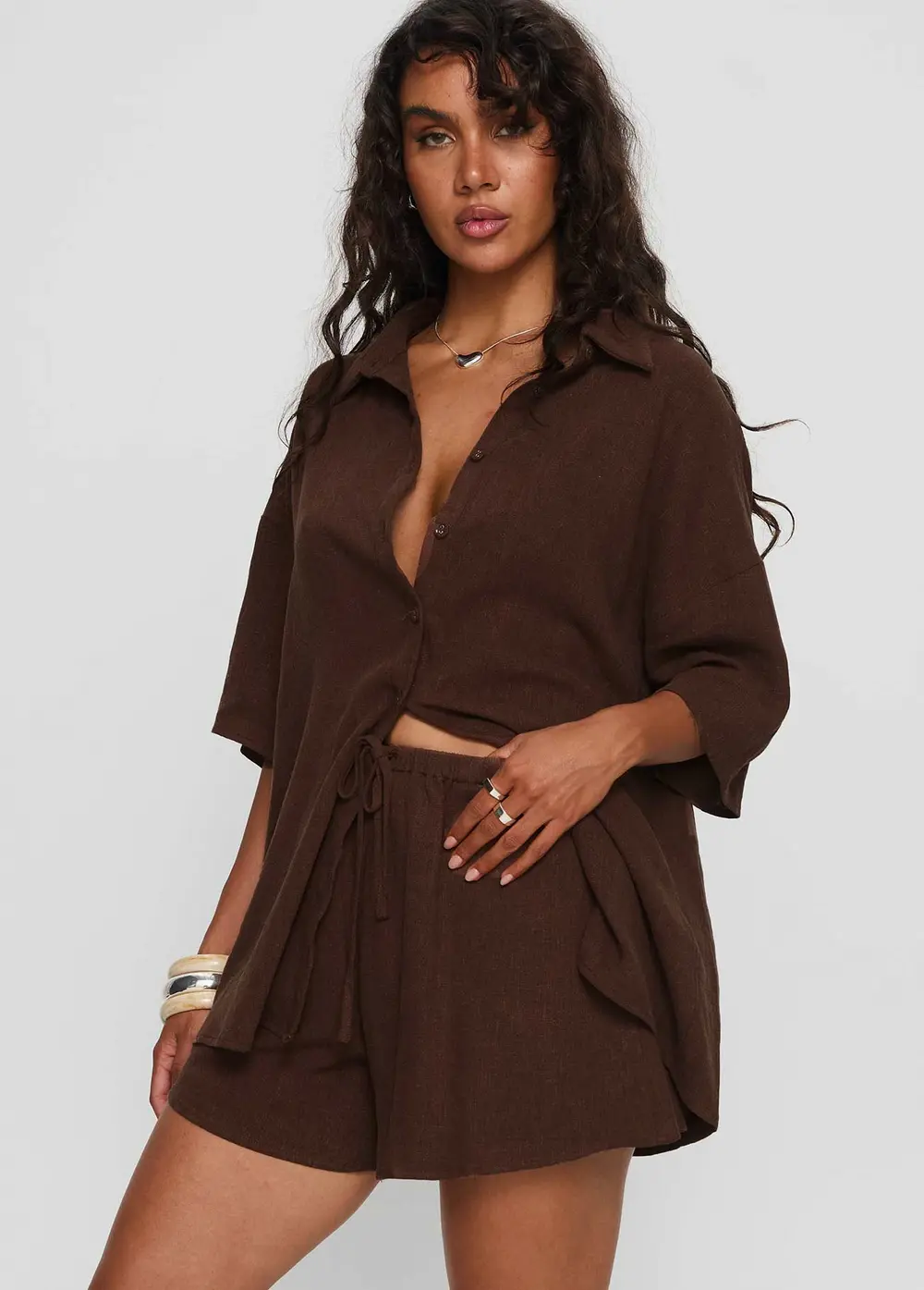 Peni Drawstring Linen Shorts Chocolate