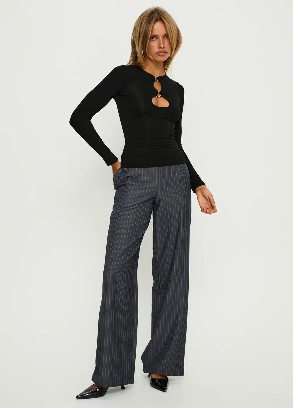 Khane Low Rise Wide Leg Pant Charcoal Pinstripe