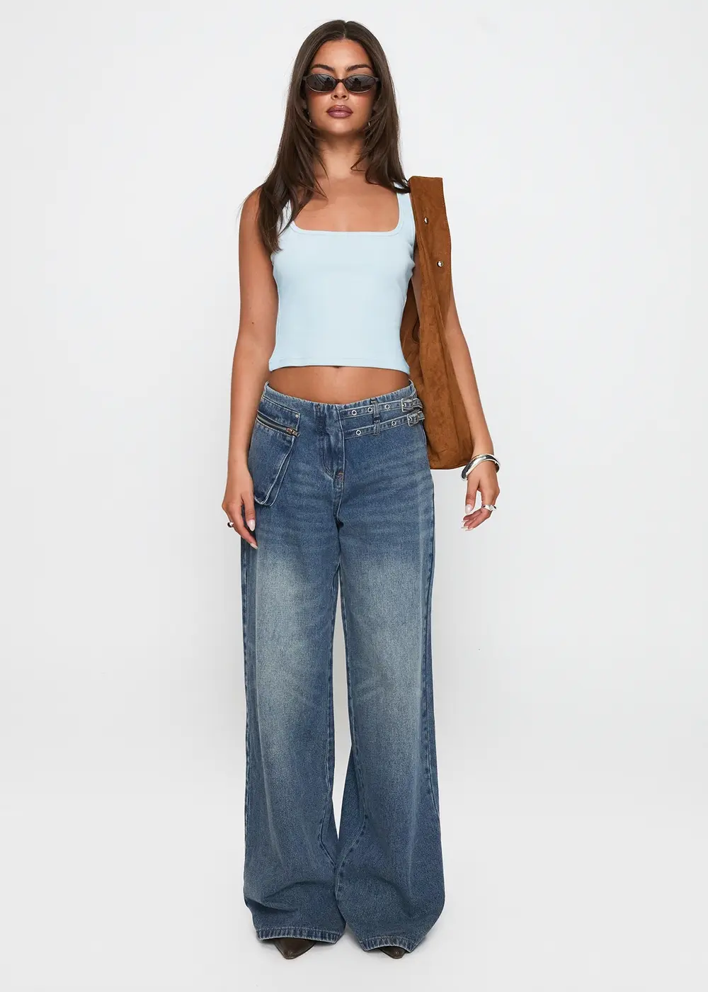 Paltrow Mid Rise Wide Leg Cargo Jeans Mid Blue Wash