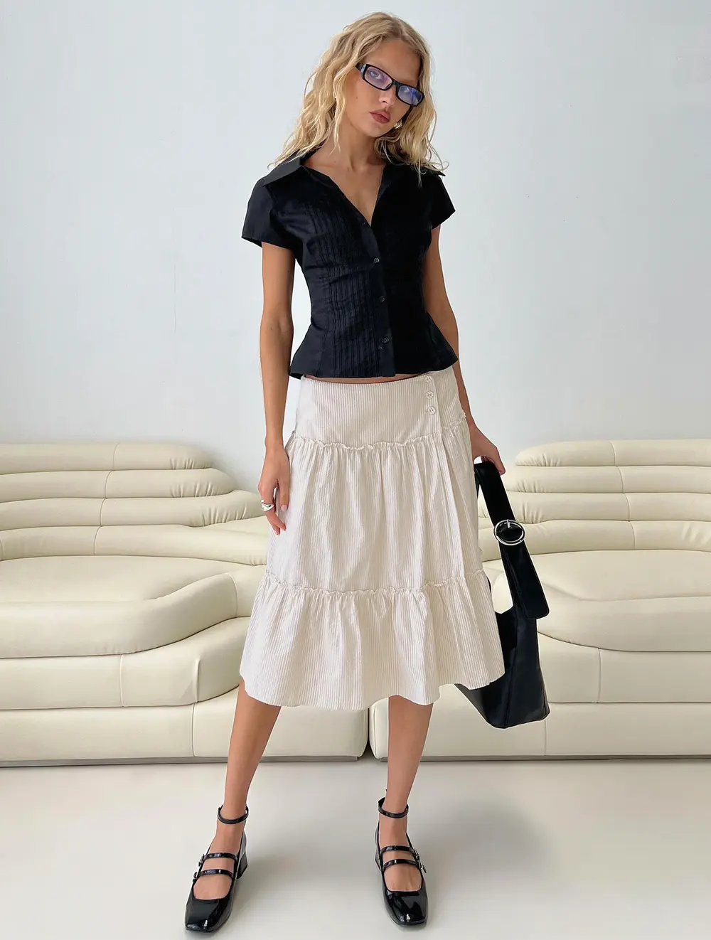 Cascades Low Rise Midi Skirt Beige / White Stripe