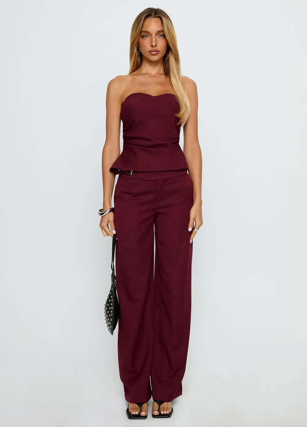 Jinny Relaxed Buckle Tailored Pants Berry Pinstripe
