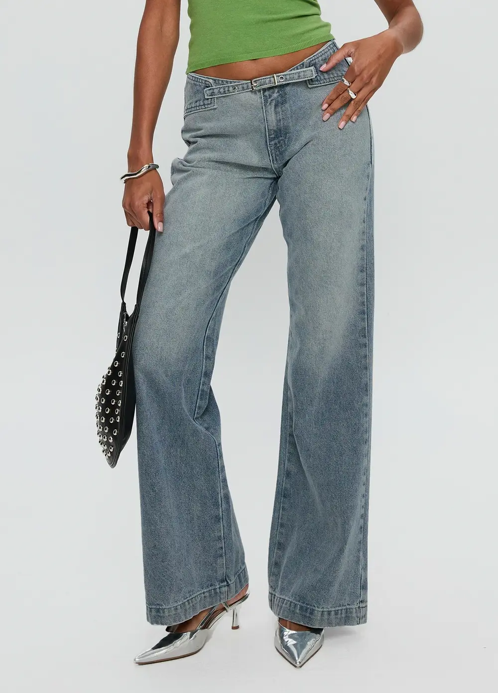 Slow Ride Mid Rise Bootleg Belted Jeans Light Blue