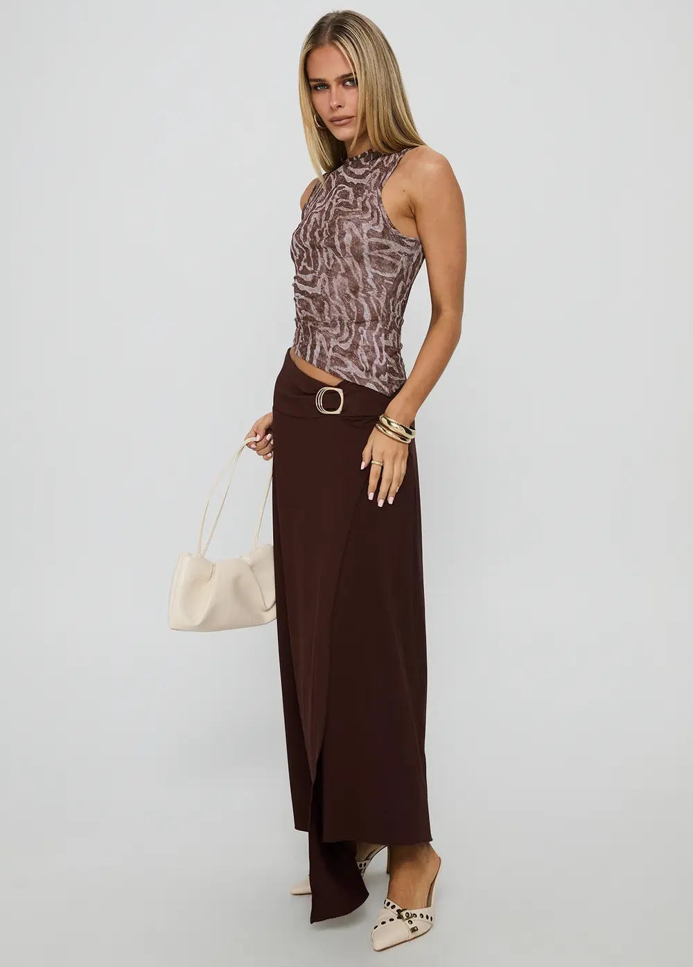 Nola Hardware Slit Maxi Skirt Brown