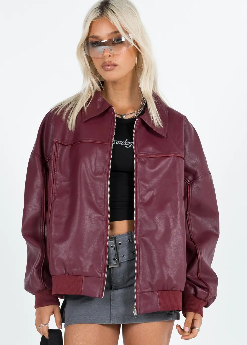 Goldsmith Faux Leather Bomber Jacket Burgundy