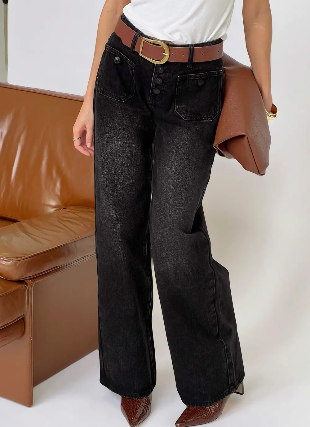 Carianne Low Rise Wide Leg Jeans Washed Black