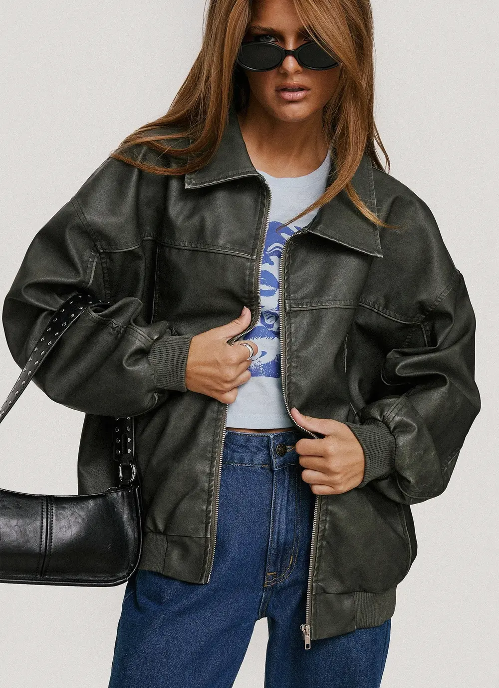 Goldsmith Faux Leather Bomber Jacket Washed Forest