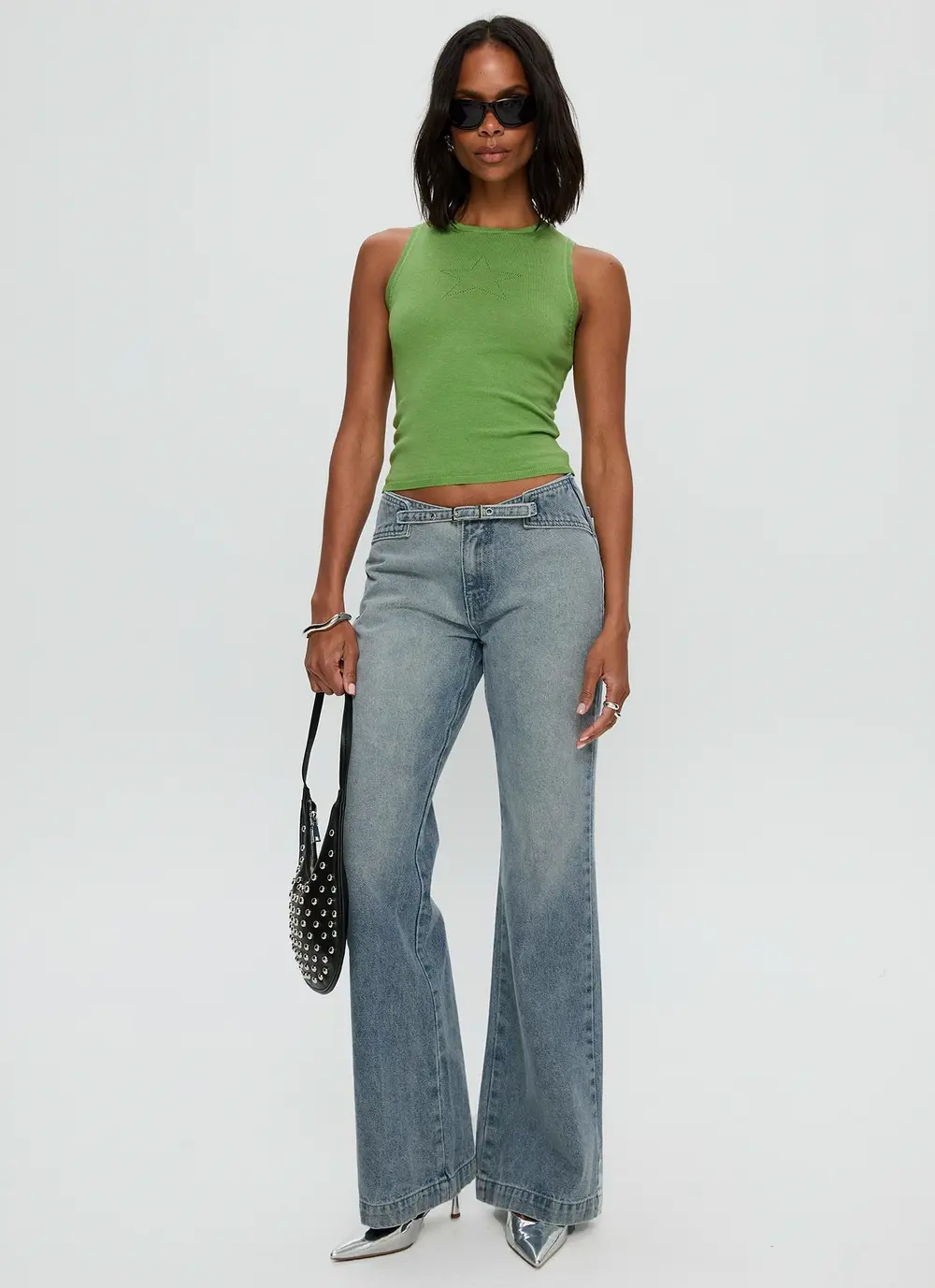 Slow Ride Mid Rise Bootleg Belted Jeans Light Blue