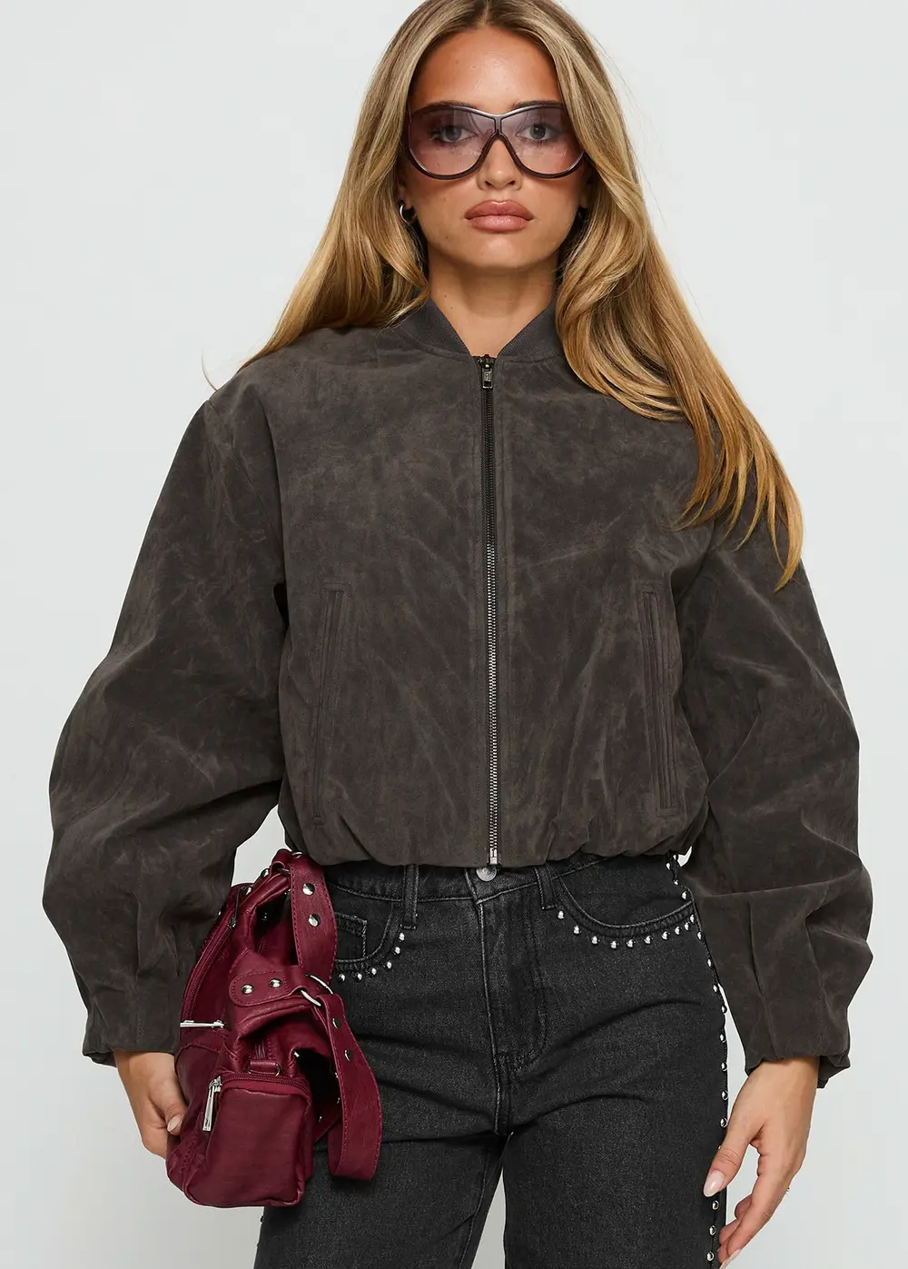 Mastery Faux Suede Bomber Jacket Charcoal