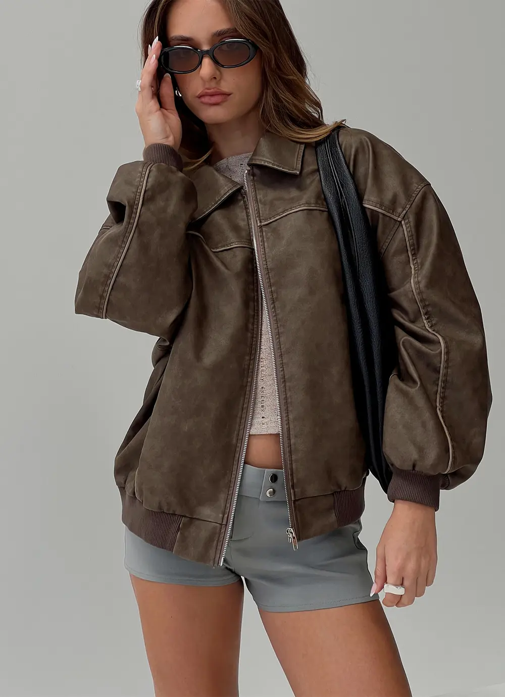 Goldsmith Faux Leather Bomber Jacket Washed Dark Brown