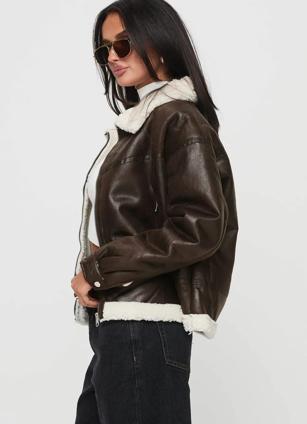 Solara Faux Leather Shearling Jacket Chocolate