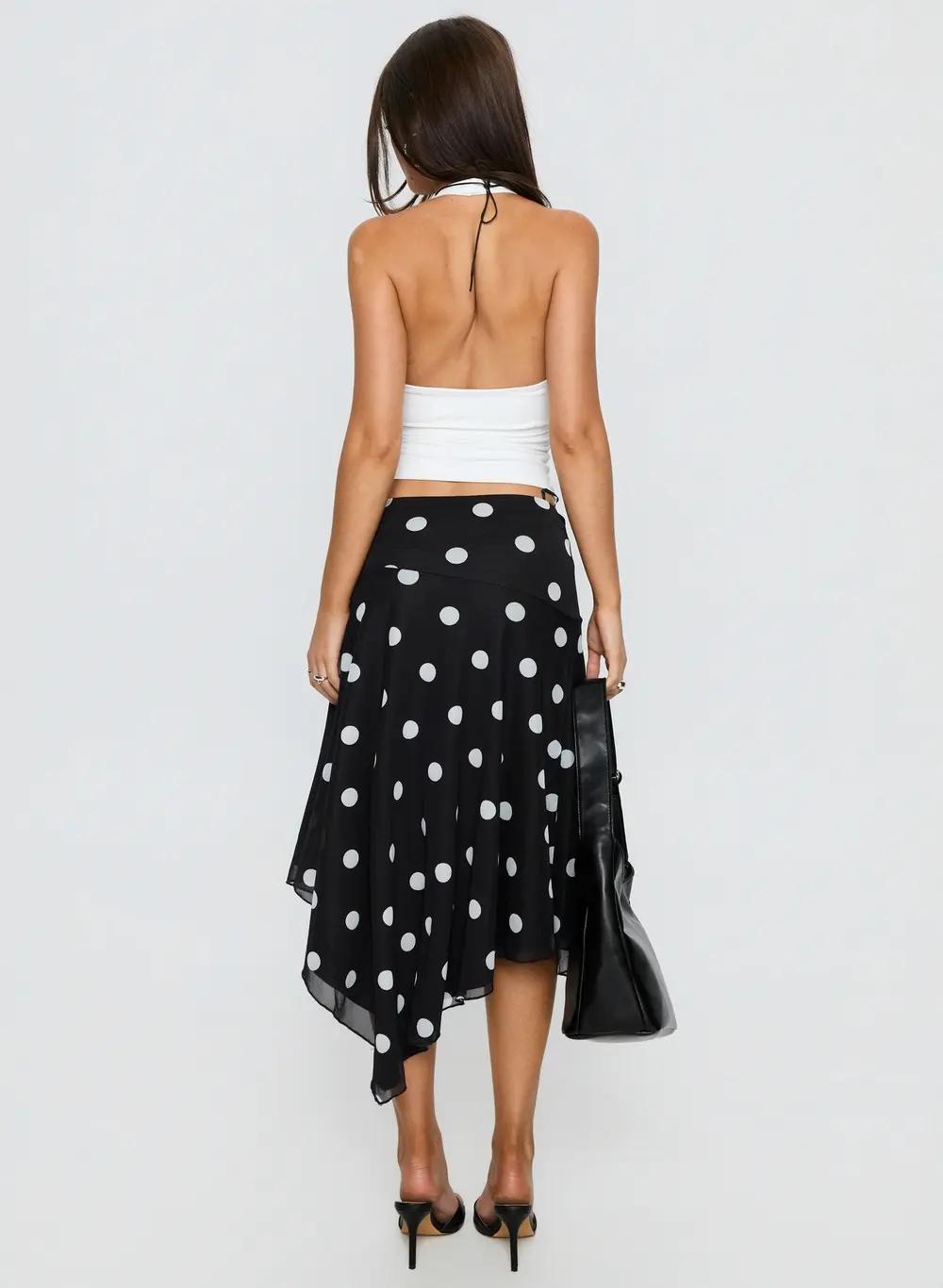 Dulciana High Split Asymmetrical Midi Skirt Black / Polka Dot
