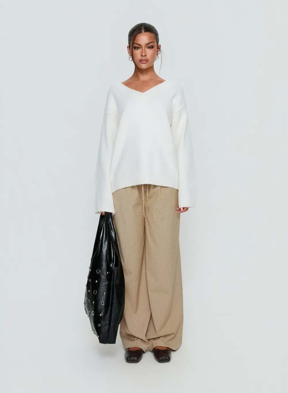 Ketrina Tie Waist Pants Beige Plaid