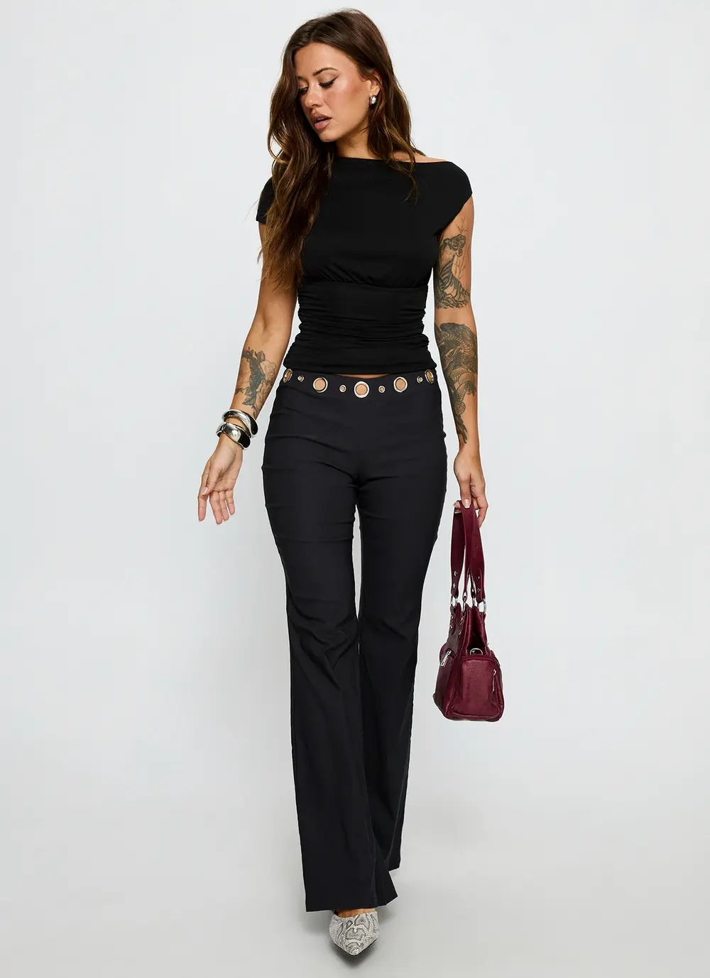 True Grit Eyelet Flare Pants Grey