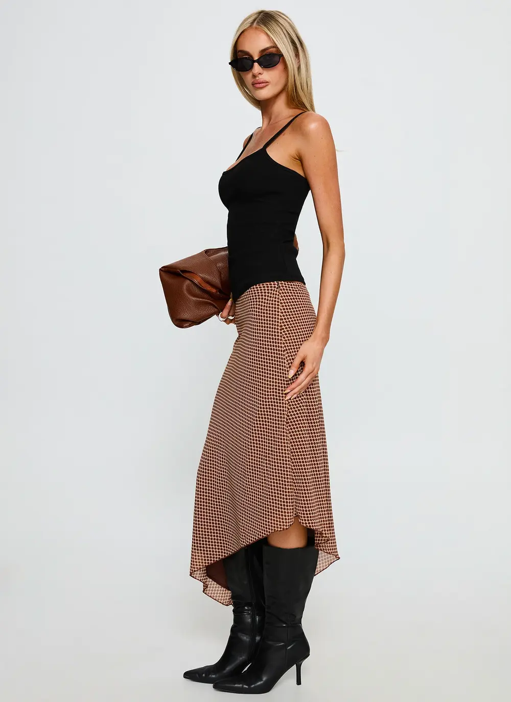 Suella Asymmetrical Midi Skirt Brown Polka Dot