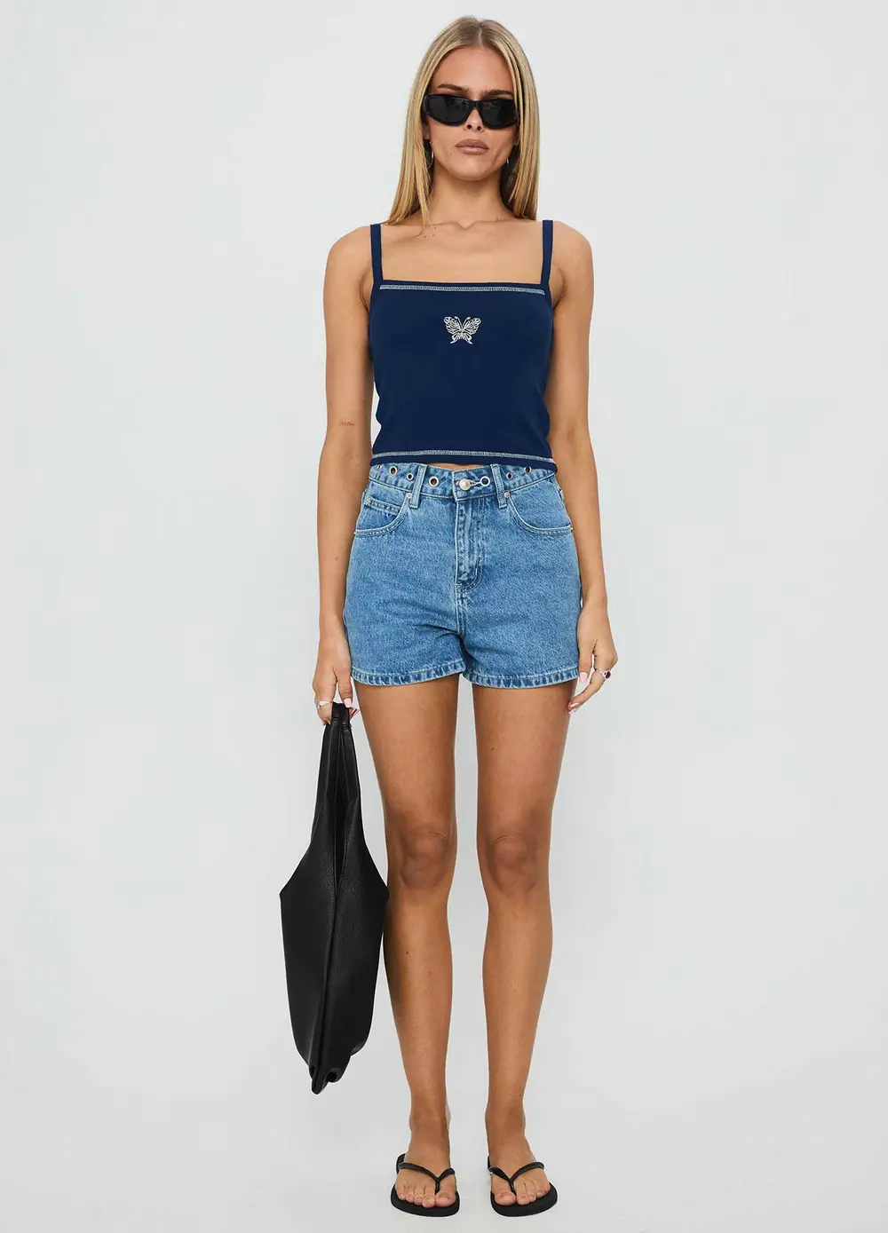 Tropicana Denim Eyelet Detail Shorts Mid Blue