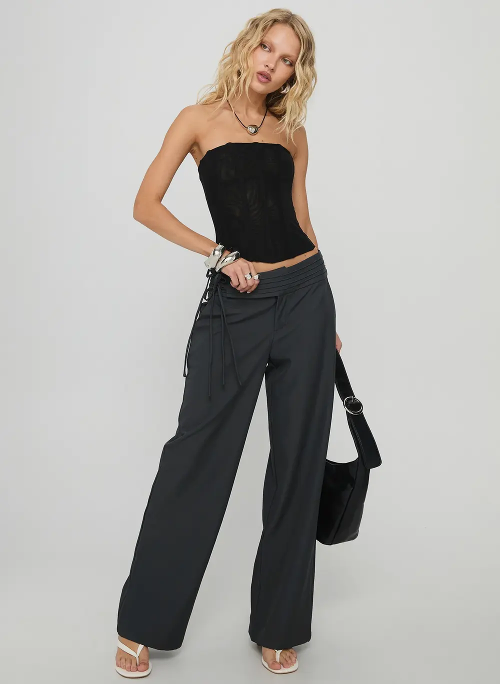 Good Riddance Pleat Tie Slouch Pants Charcoal