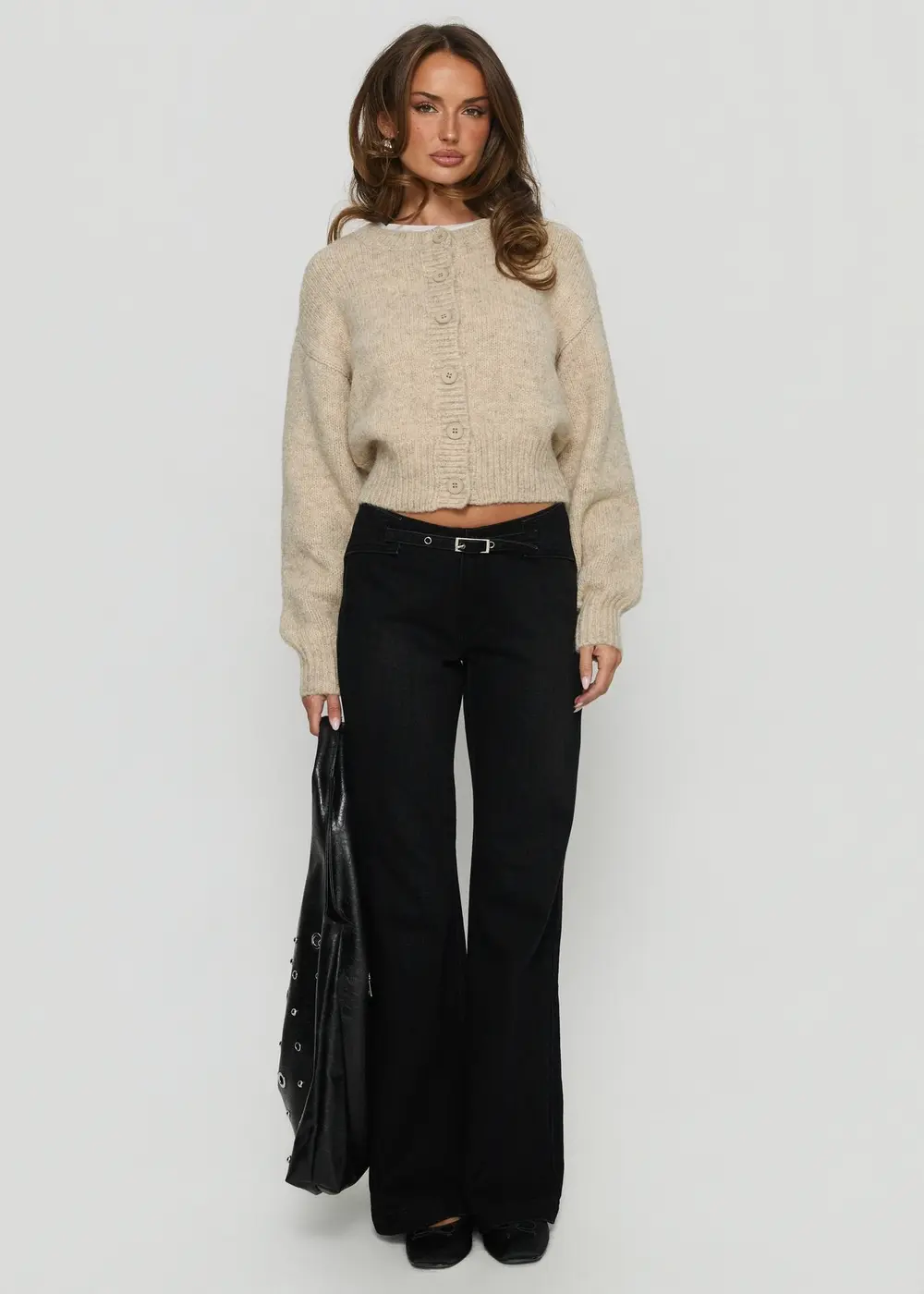 Slow Ride Mid Rise Bootleg Belted Jeans Washed Black