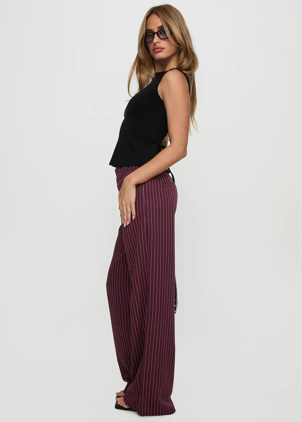 Lorenne Mid Rise Pant Burgundy Pinstripe