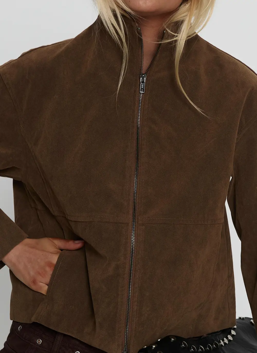 Jessalynn Faux Suede Zip Through Jacket Brown