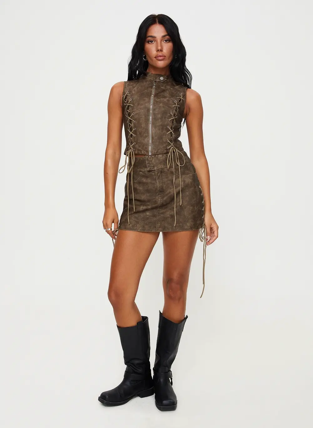 Ceejay Faux Leather Mini Skirt Brown