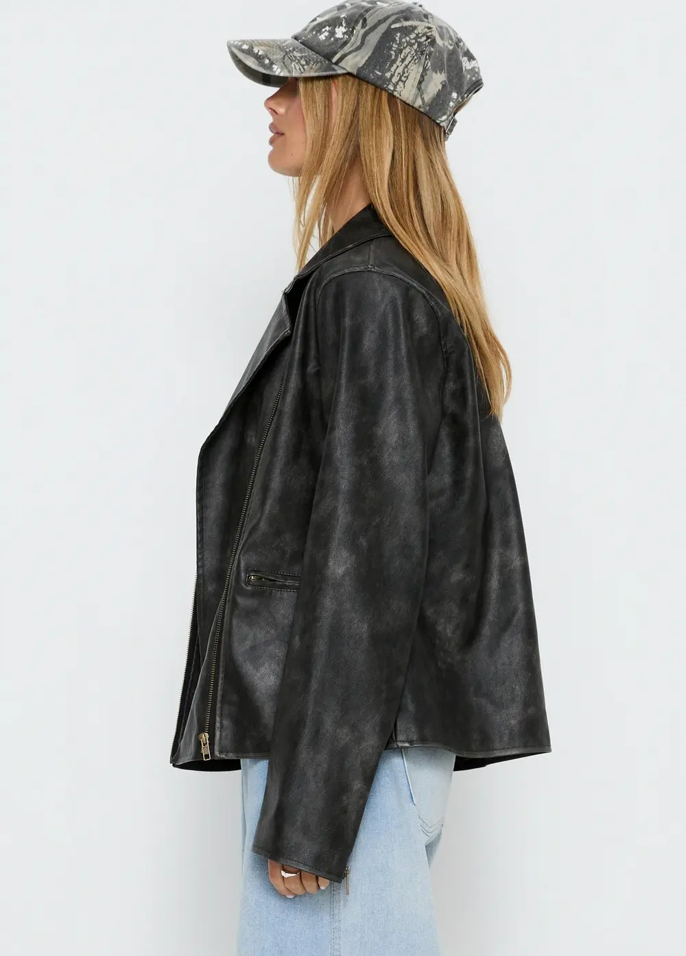 Vyolette Faux Leather Collared Jacket Washed Black