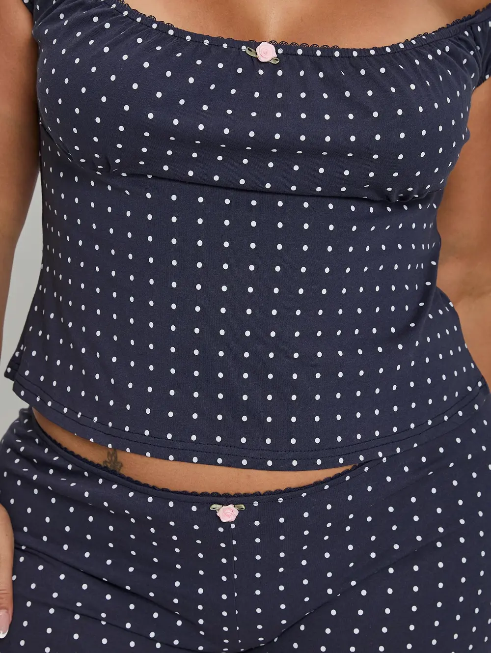 Drift Away Off The Shoulder Sleep Set Navy Dot Curve