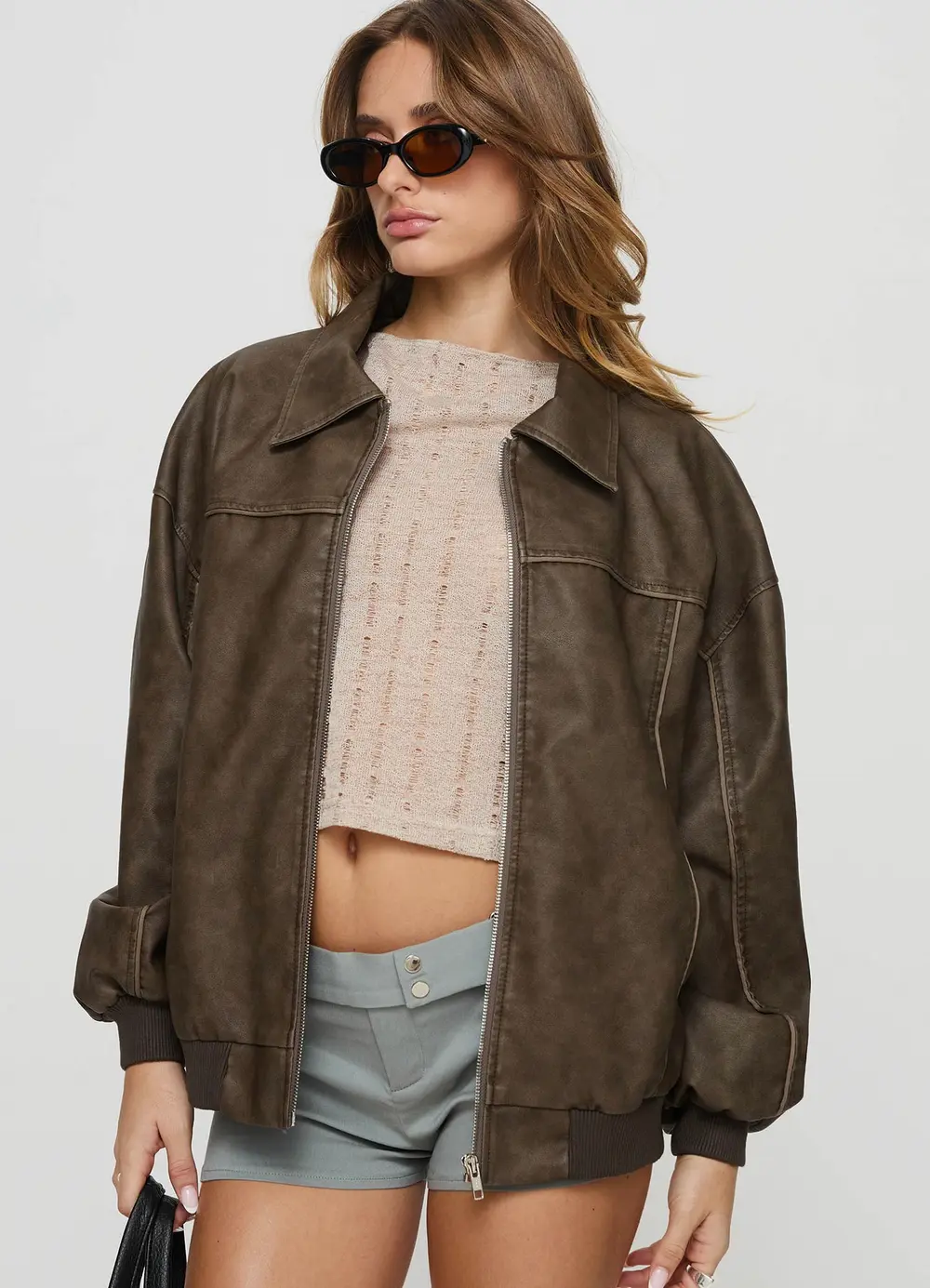 Goldsmith Faux Leather Bomber Jacket Washed Dark Brown