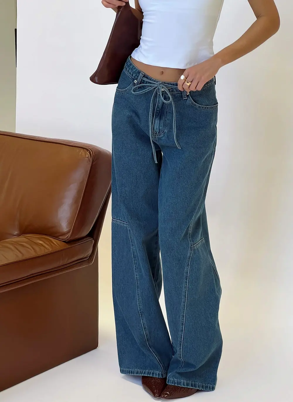 Bruiser Tie Waist Mid Rise Wide Leg Jeans Mid Blue Wash