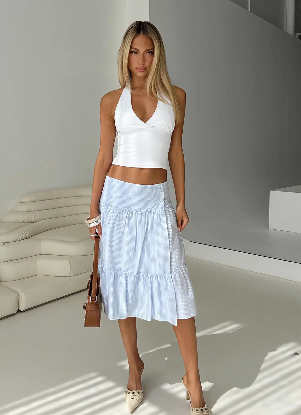 Cascades Low Rise Midi Skirt Blue / White Stripe