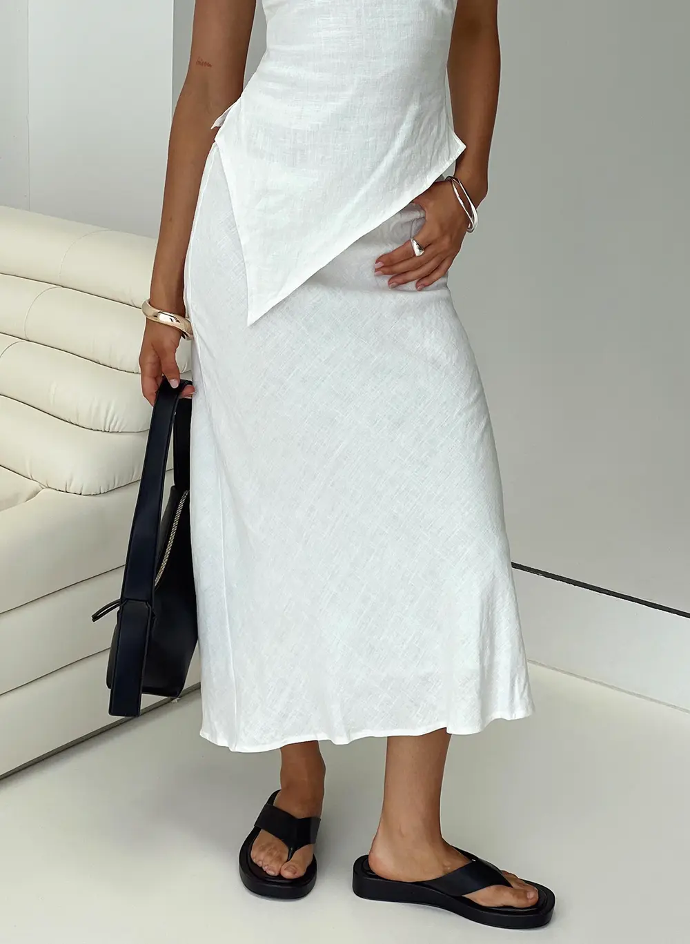 Ermias Linen Blend Midi Skirt White